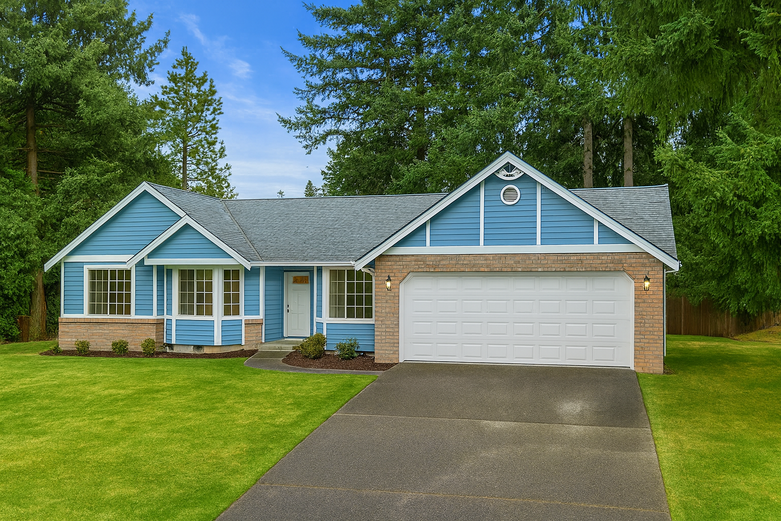 Crystal Care AFH - Beautiful blue single-story home with brick accents, large windows, attached garage, and well-maintained lawn surrounded by mature trees in Puyallup, WA
